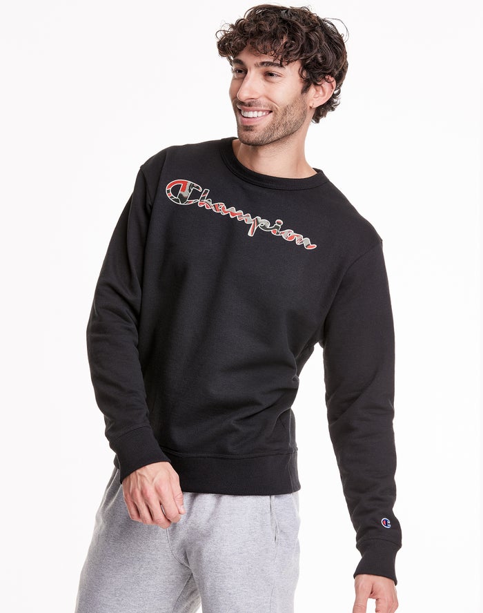 Champion Powerblend Fleece Crew Liquid Filled Script logo - Miesten Mustat Collegepaita - Suomi 2074